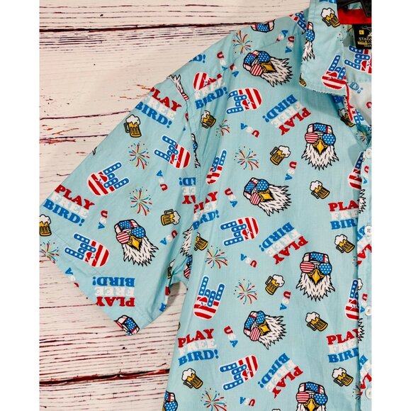 Staghorn Mens Patriotic Play Free Bird Button Up Shirt Size L July 4th America - Picture 10 of 13